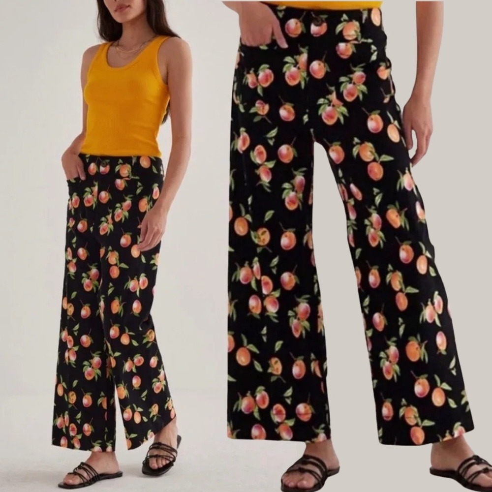 Maeve Anthropologie The Colette Peach Print Wide Leg Pants Black Size 25P